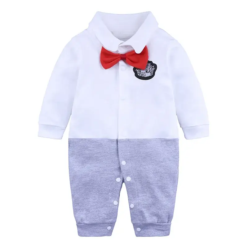 Baby Cotton Suit White Grey Bowtie Long Sleeve - Image 7