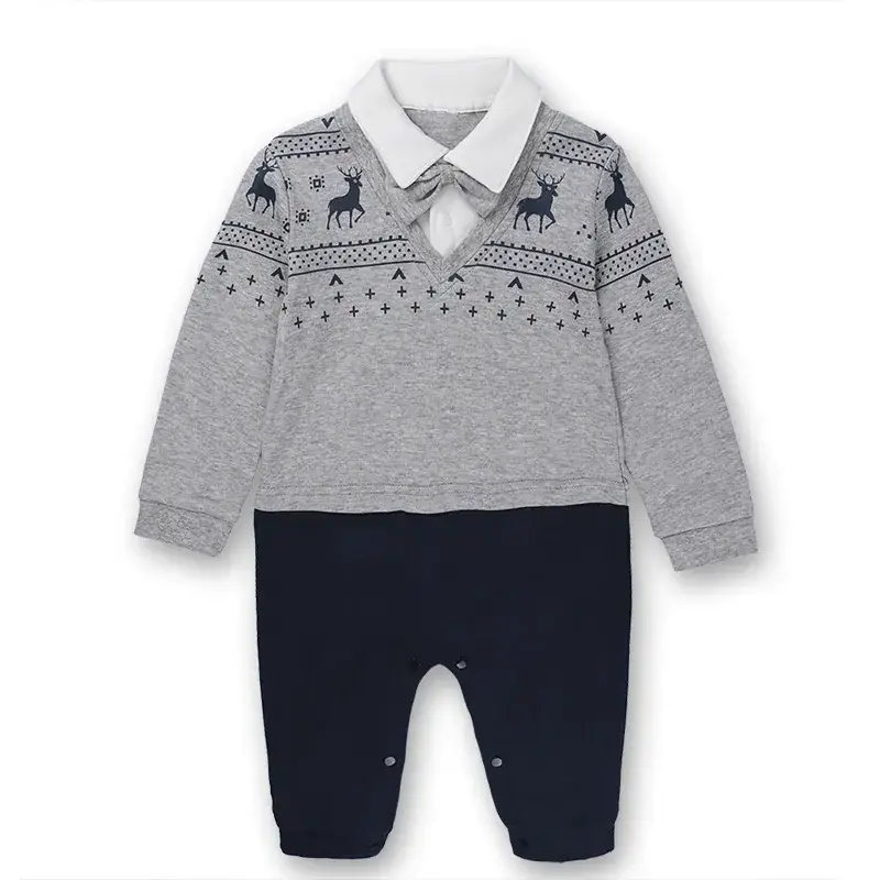 Baby Cotton Suit White Grey Bowtie Long Sleeve - Image 2