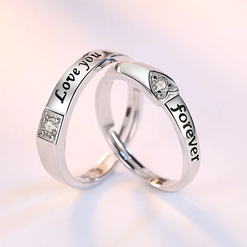 Eternal Love Zircon Ring Open Couple Silver - Image 4