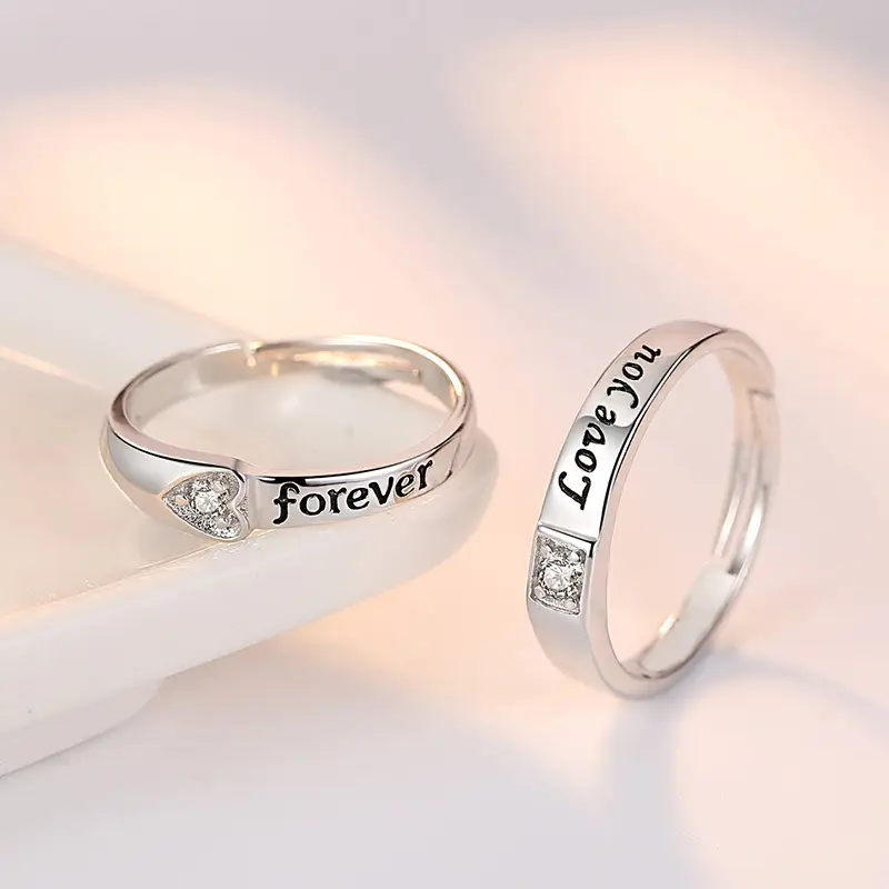 Eternal Love Zircon Ring Open Couple Silver - Image 5