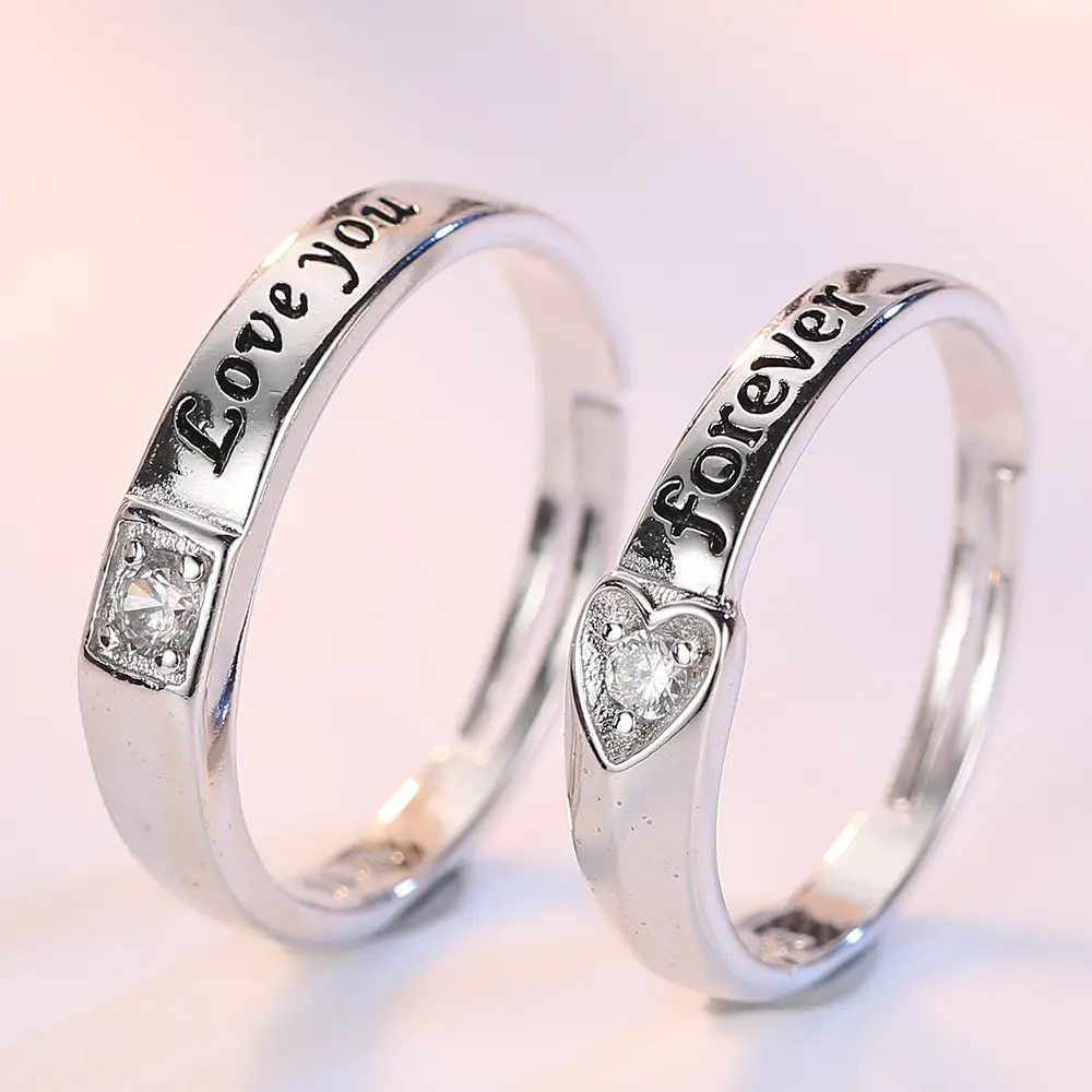 Eternal Love Zircon Ring Open Couple Silver - Image 6