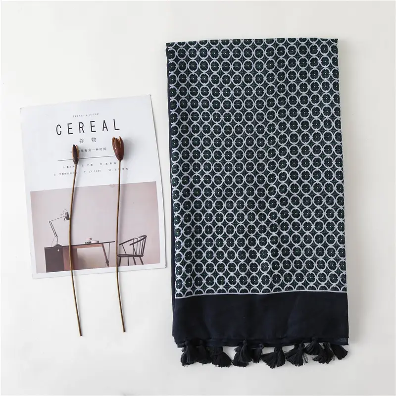 Black Silk Scarf with Green Dot Tassels