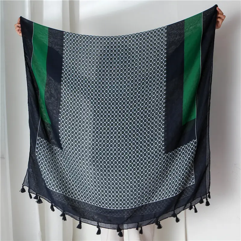 Black Silk Scarf with Green Dot Tassels — feature 10
