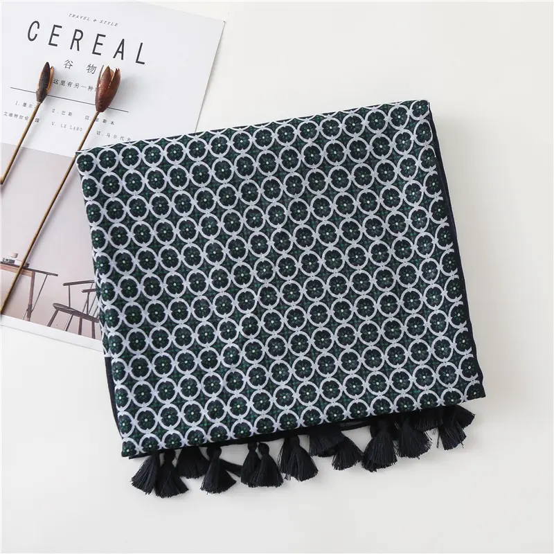 Black Silk Scarf with Green Dot Tassels — feature 13