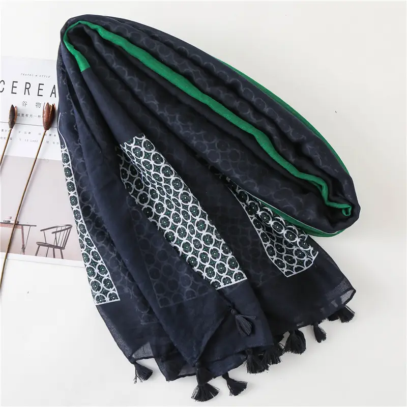 Black Silk Scarf with Green Dot Tassels — feature 15