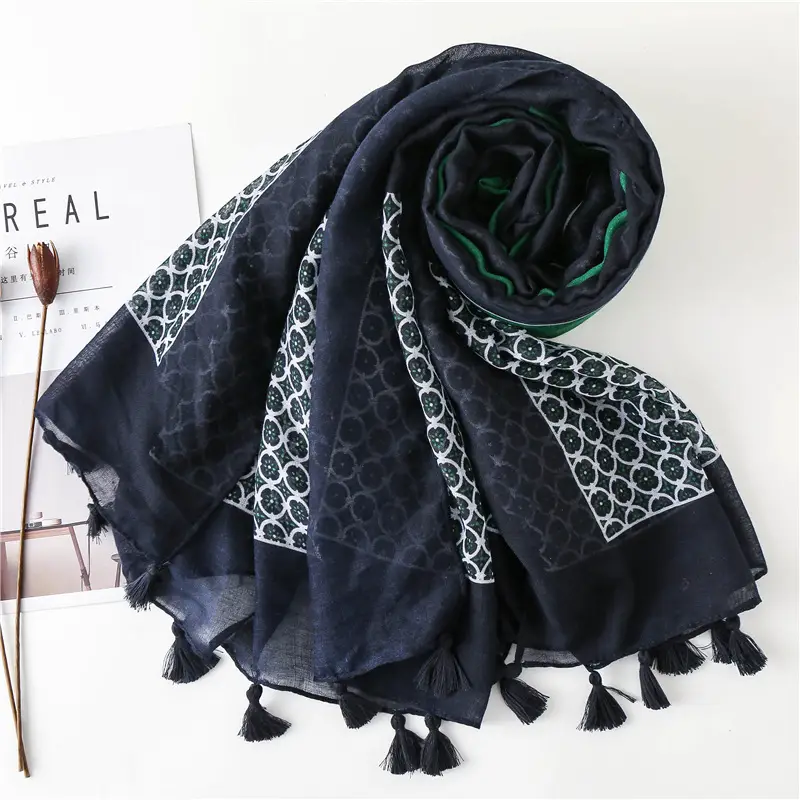 Black Silk Scarf with Green Dot Tassels — feature 16