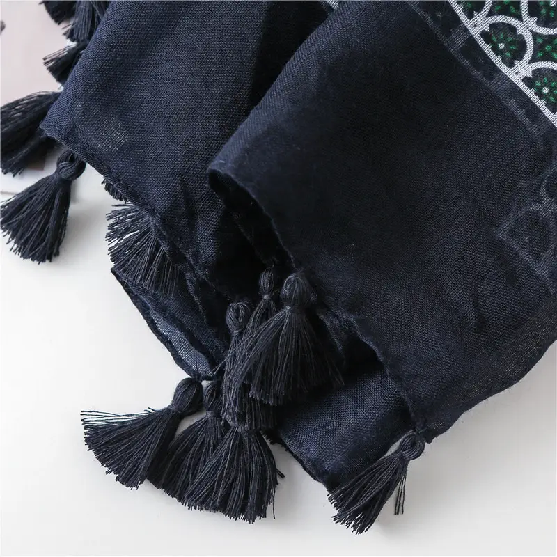 Black Silk Scarf with Green Dot Tassels — feature 21