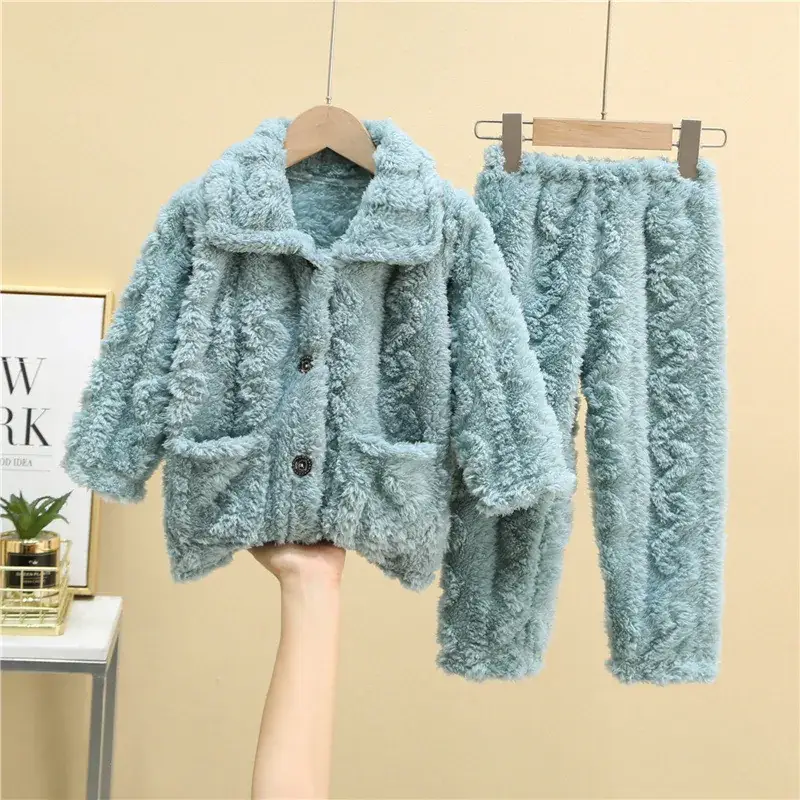 Blue Flannel Pajama Set for Boys Winter Warm Long Sleeve