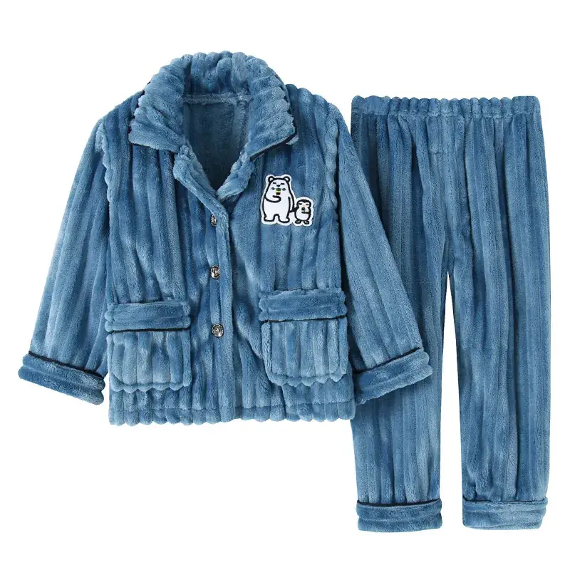 Blue Flannel Pajama Set for Boys Winter Warm Long Sleeve