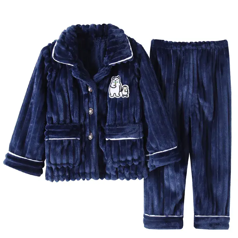 Blue Flannel Pajama Set for Boys Winter Warm Long Sleeve