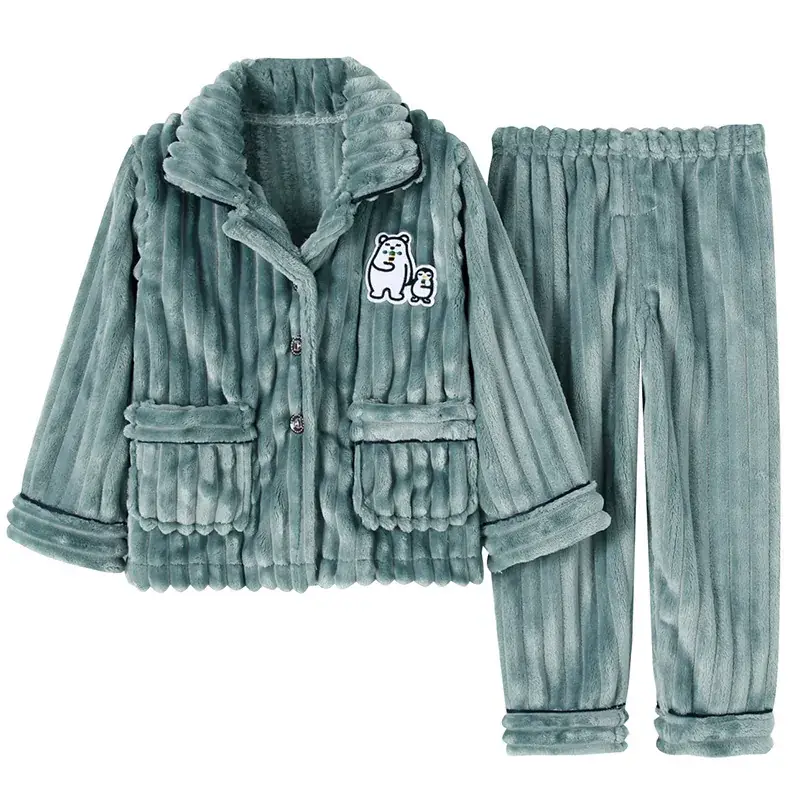 Blue Flannel Pajama Set for Boys Winter Warm Long Sleeve