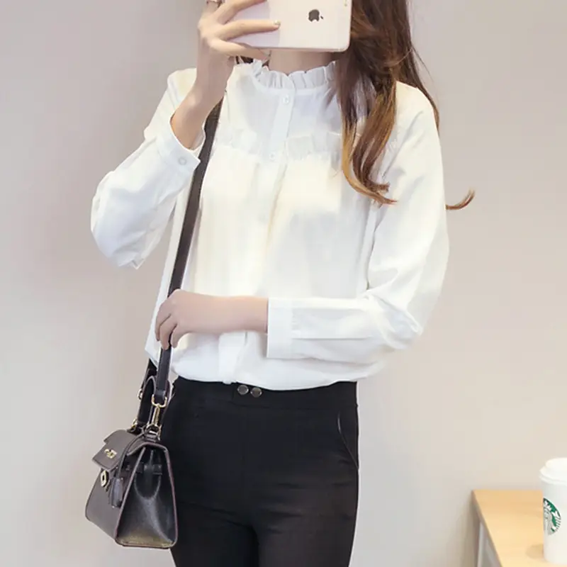 White Long Sleeve Lace Collar Shirt for Women - Image 5