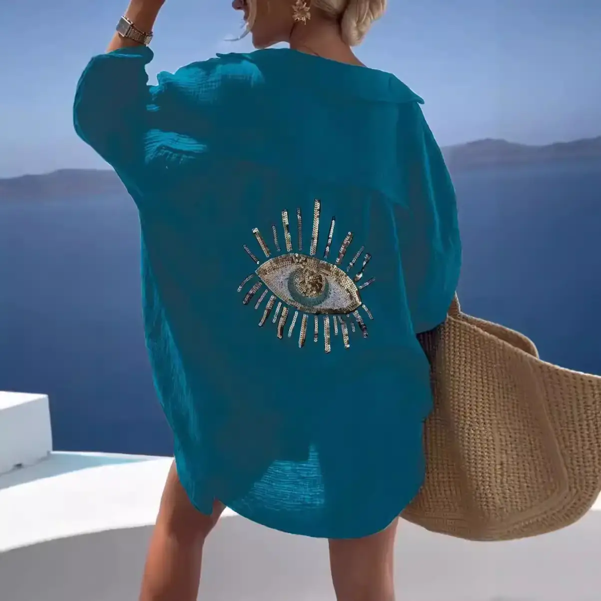 2025 Women Cotton Linen Lapel Shirt Blue Eye Design - Image 11