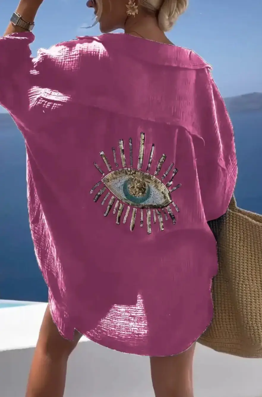 2025 Women Cotton Linen Lapel Shirt Blue Eye Design - Image 3