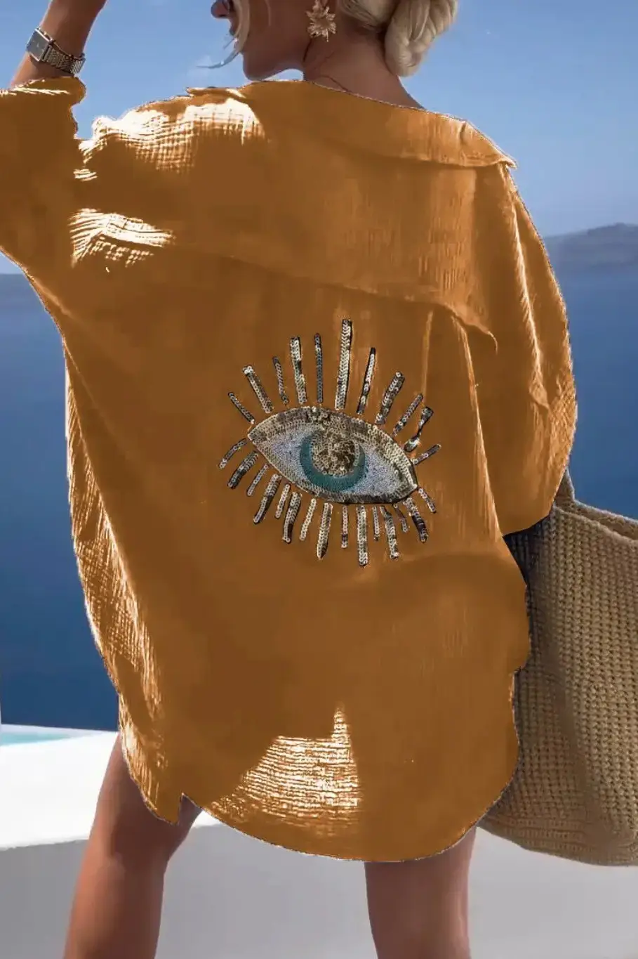 2025 Women Cotton Linen Lapel Shirt Blue Eye Design - Image 6