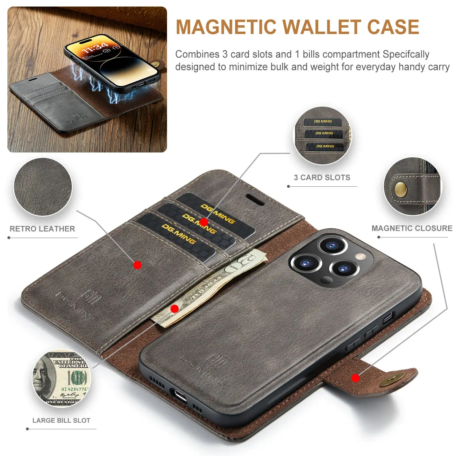 Magnetic Wallet Case for iPhone 16 Pro Max Leather Split Phone Holder - Image 8