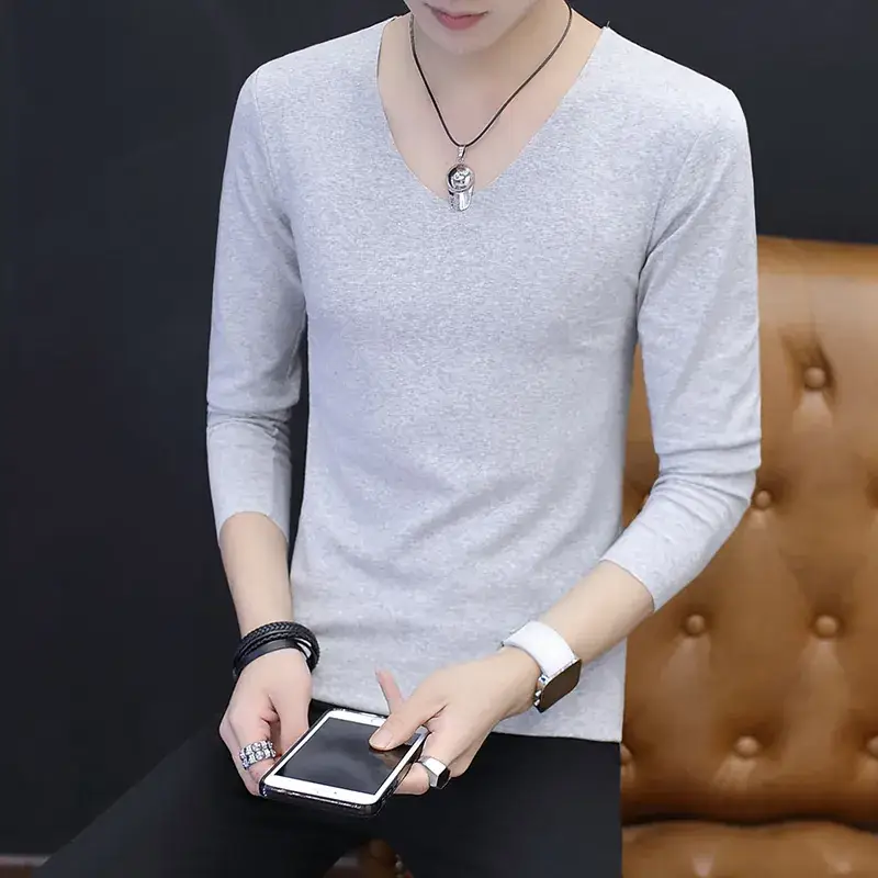 Men's Grey V-Neck Long Sleeve T-Shirt Free Agent - Image 9