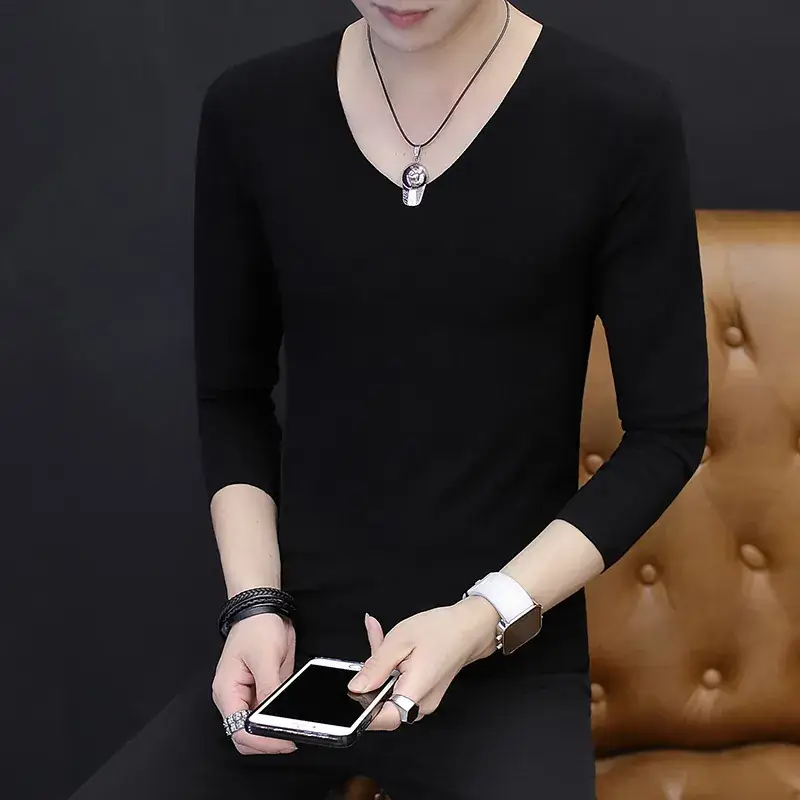 Men's Grey V-Neck Long Sleeve T-Shirt Free Agent - Image 2