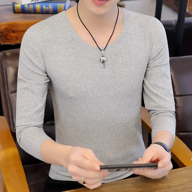 Men's Grey V-Neck Long Sleeve T-Shirt Free Agent - Image 6