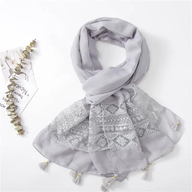 Black Embroidered Silk Scarf with Tassels - Image 10