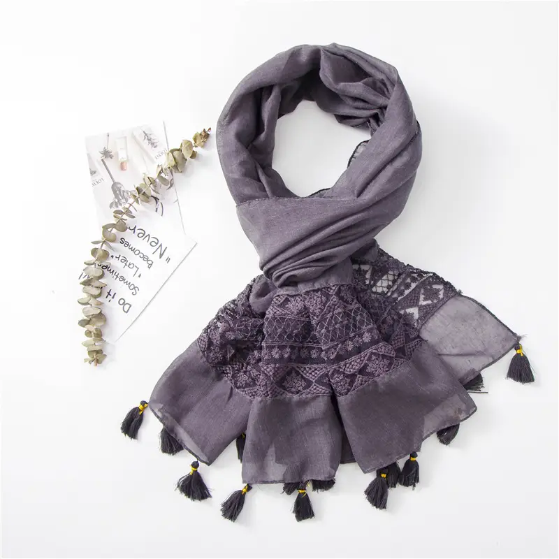 Black Embroidered Silk Scarf with Tassels - Image 11