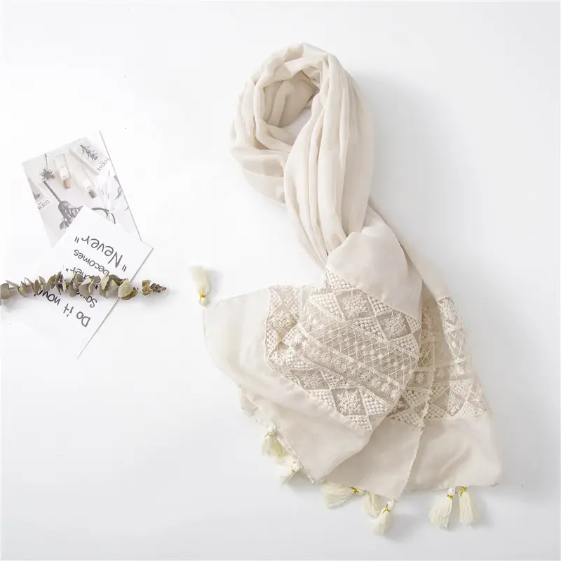 Black Embroidered Silk Scarf with Tassels — feature 15