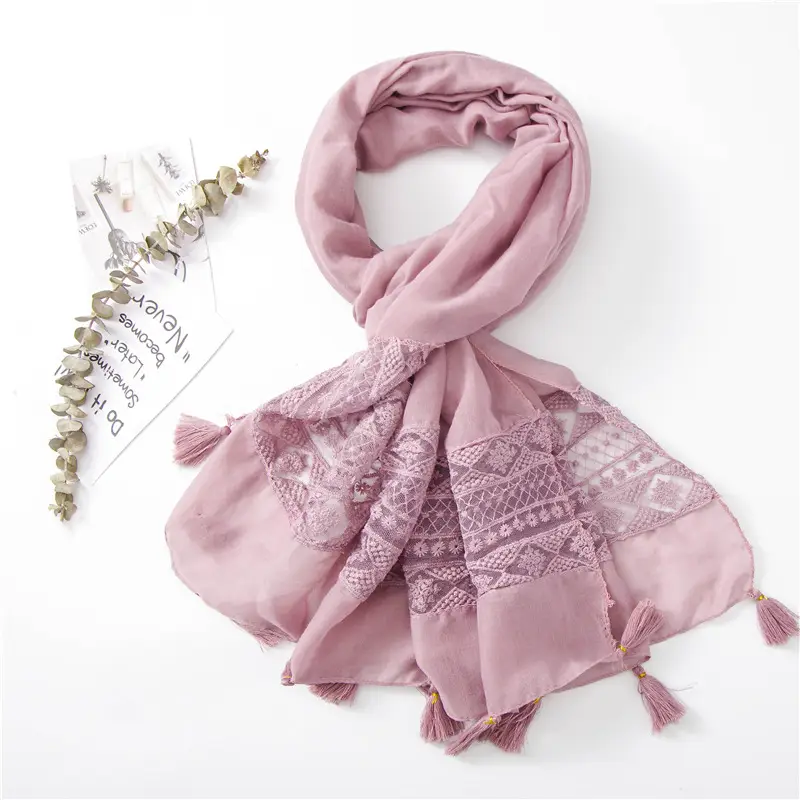 Black Embroidered Silk Scarf with Tassels — feature 19