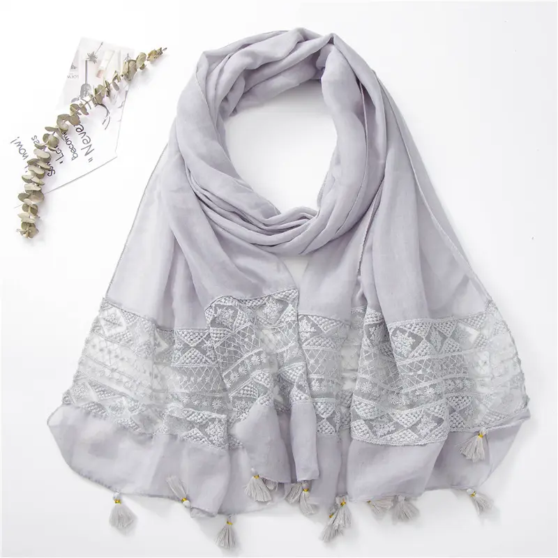 Black Embroidered Silk Scarf with Tassels — feature 24