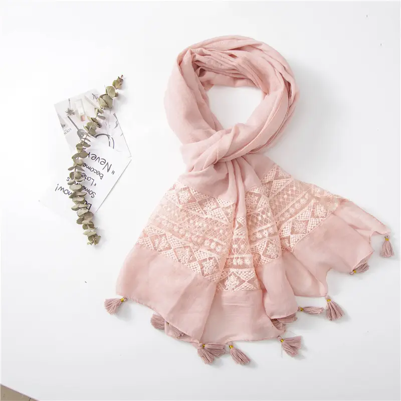 Black Embroidered Silk Scarf with Tassels — feature 31