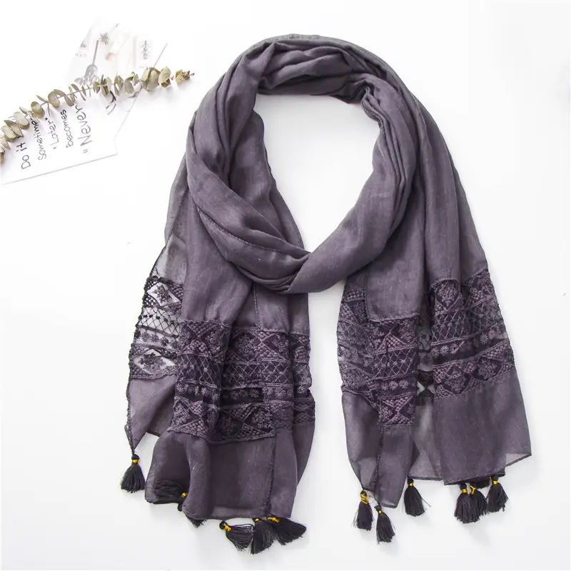 Black Embroidered Silk Scarf with Tassels — feature 40
