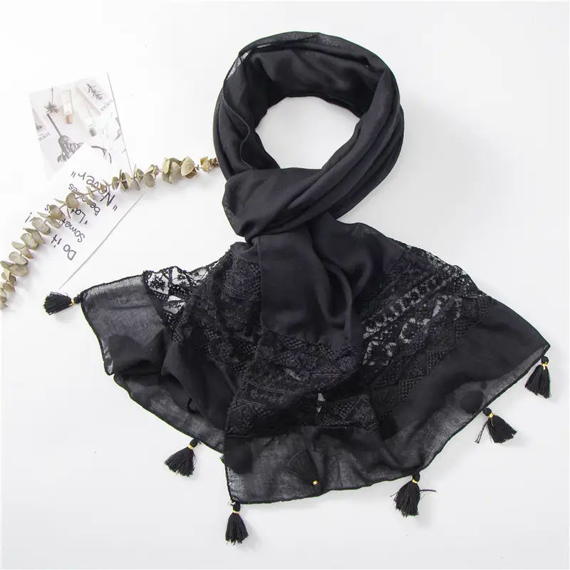 Black Embroidered Silk Scarf with Tassels — feature 43