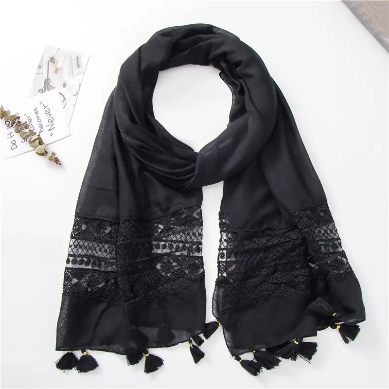 Black Embroidered Silk Scarf with Tassels — feature 44