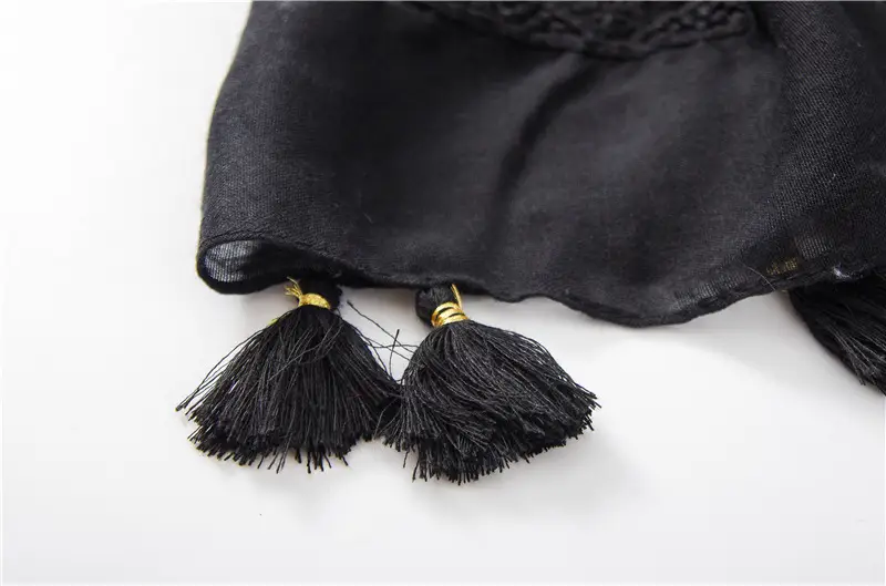 Black Embroidered Silk Scarf with Tassels — feature 46