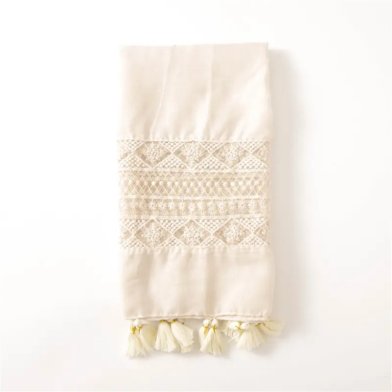 Black Embroidered Silk Scarf with Tassels - Image 7