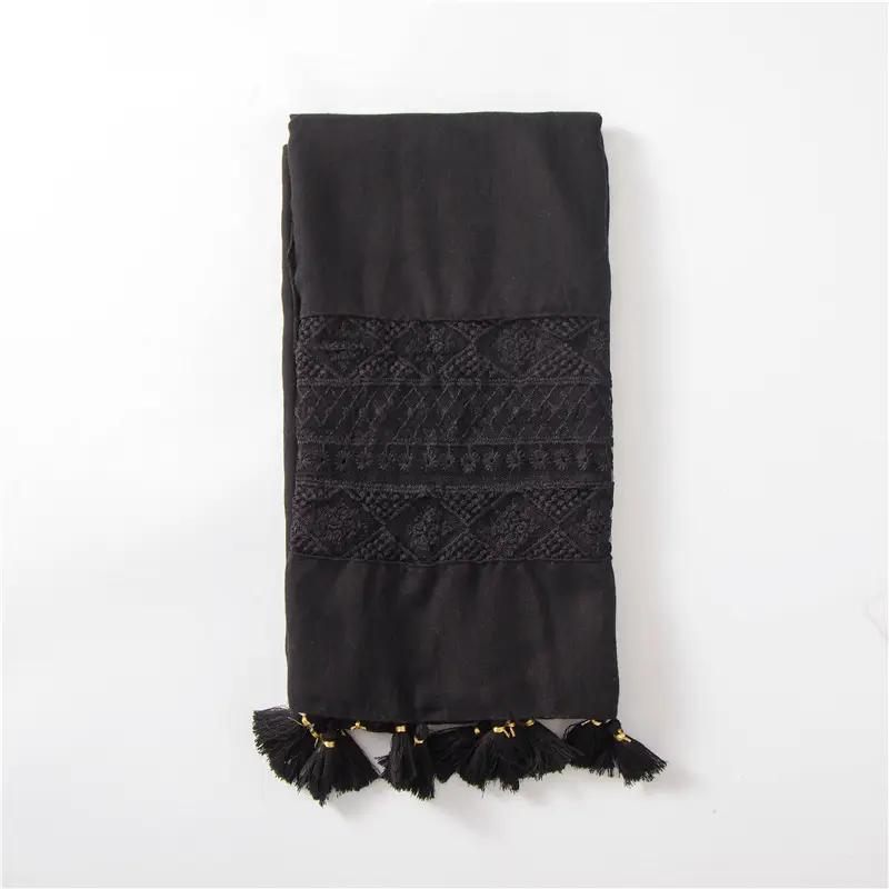 Black Embroidered Silk Scarf with Tassels - Image 2