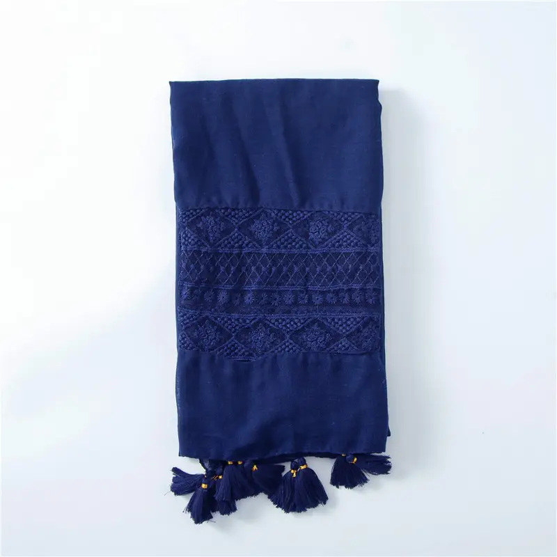 Black Embroidered Silk Scarf with Tassels - Image 4