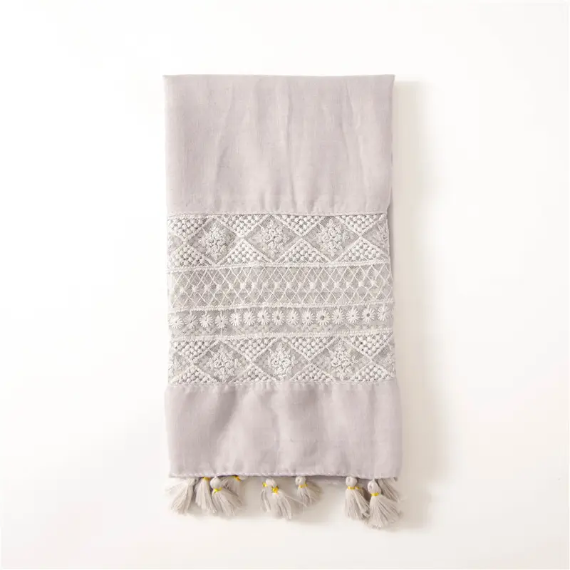 Black Embroidered Silk Scarf with Tassels - Image 5