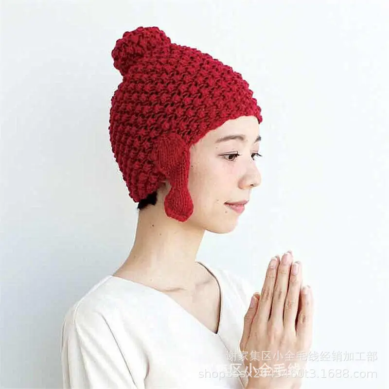 Pink Knitted Wool Nun Hat with Tails