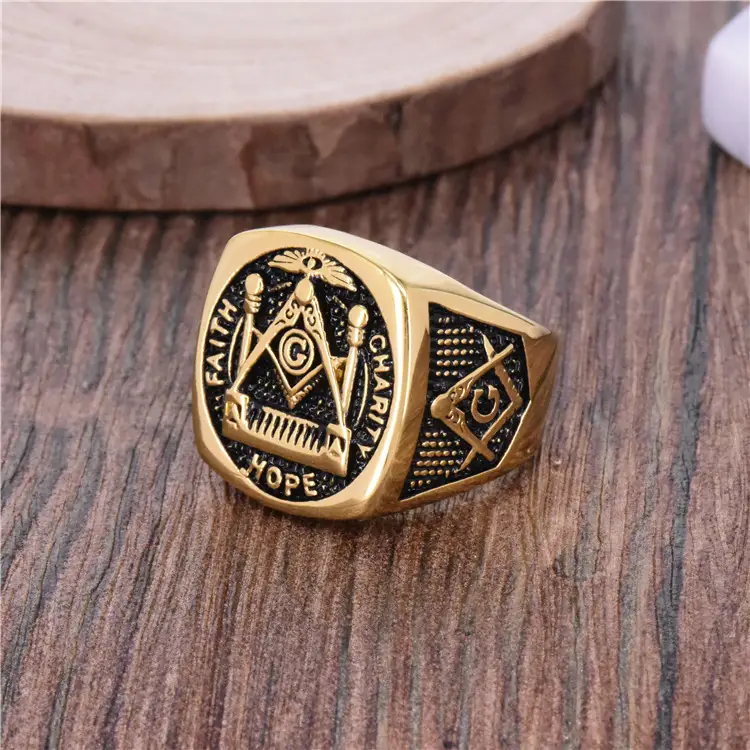 Titanium Steel Masonic Ring Gold Plated Retro Design - Image 3