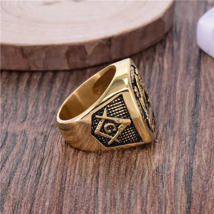 Titanium Steel Masonic Ring Gold Plated Retro Design - Image 4