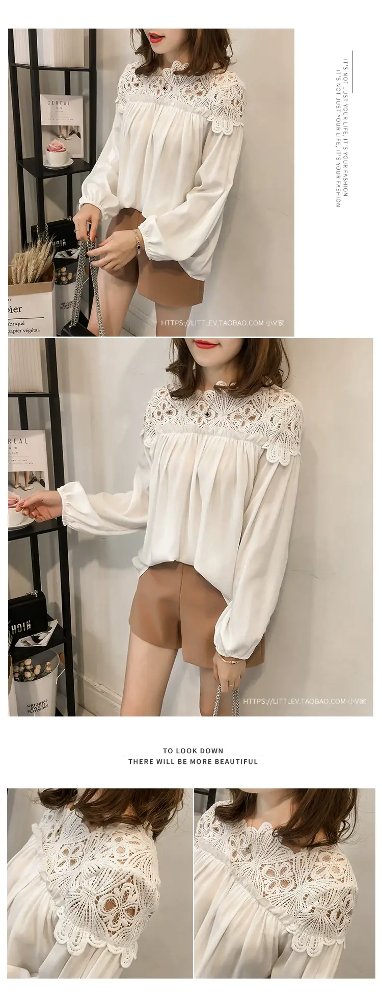 Women's White Chiffon Crochet Long Sleeve Top — feature 6