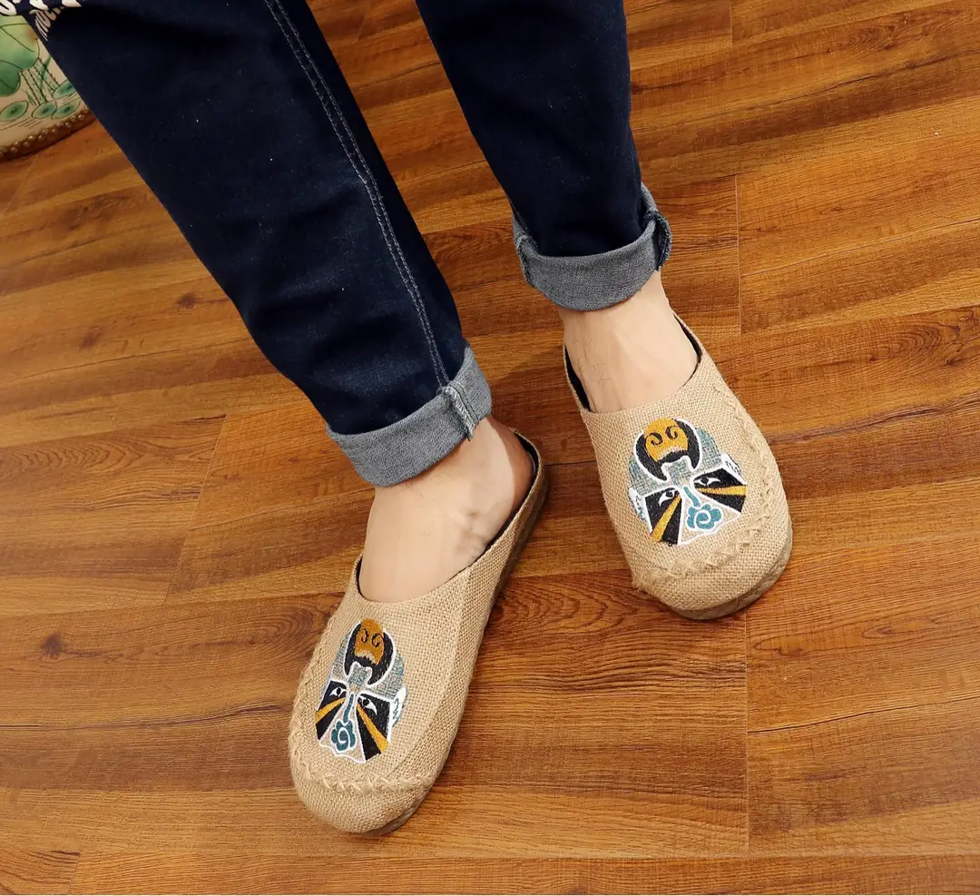 Soft Bottom Facial Mask Peking Opera Ethnic Men's Linen Straw Bottom Casual Shoes Breathable Slippers Straw Shoes
