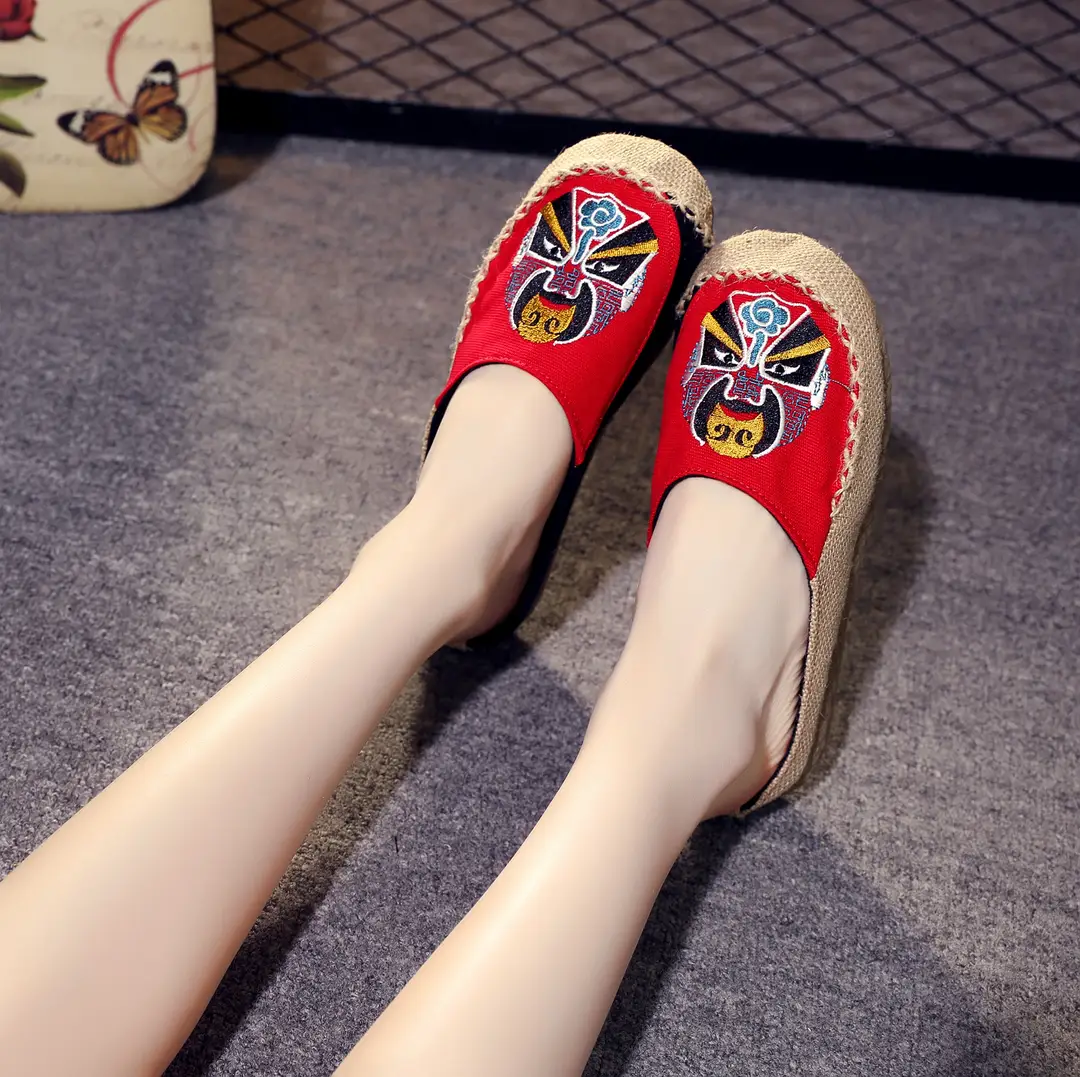 Soft Bottom Facial Mask Peking Opera Ethnic Men's Linen Straw Bottom Casual Shoes Breathable Slippers Straw Shoes