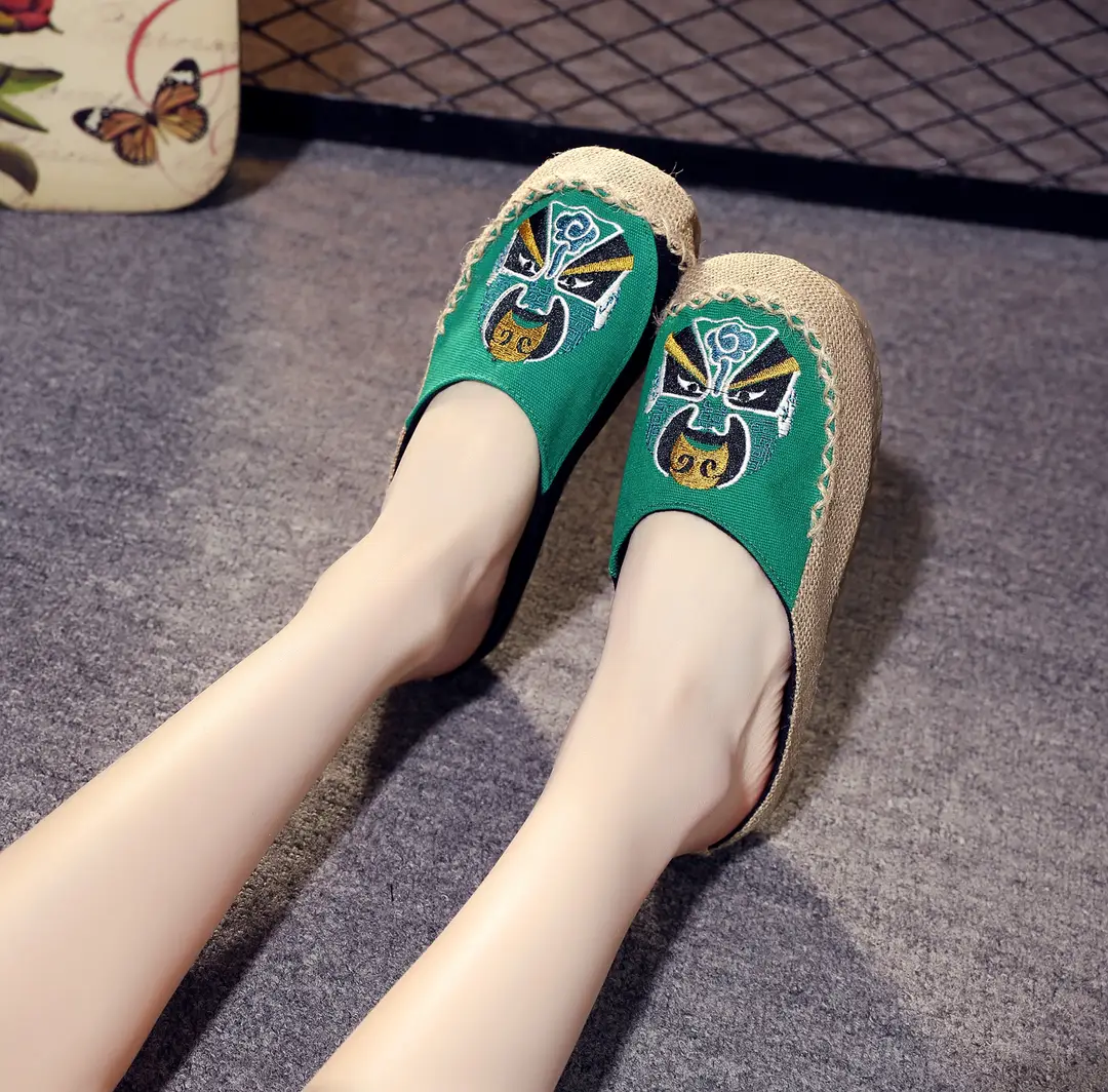 Soft Bottom Facial Mask Peking Opera Ethnic Men's Linen Straw Bottom Casual Shoes Breathable Slippers Straw Shoes