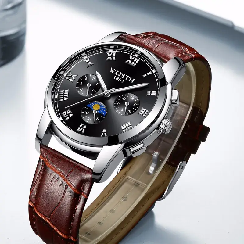 Wally Men's Chronograph Watch Steel Belt Brown Leather