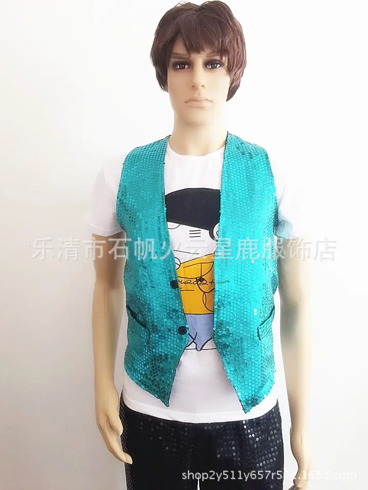 Blue Sequined Korean Style Vest for Men Women