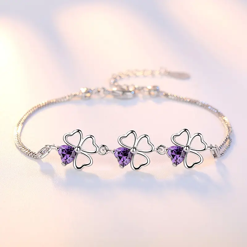 Silver Amethyst Clover Bracelet for Women - Image 2