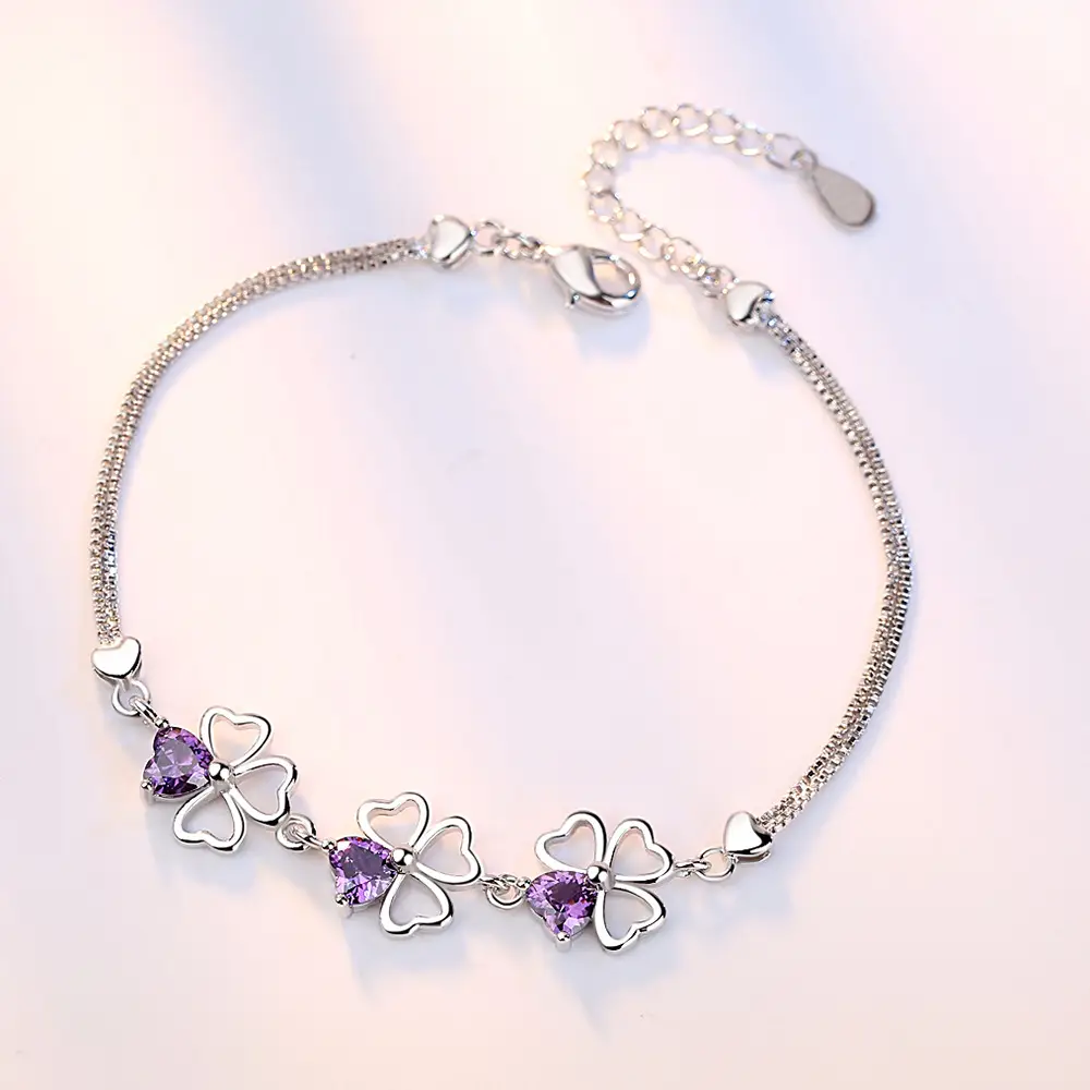 Silver Amethyst Clover Bracelet for Women - Image 3