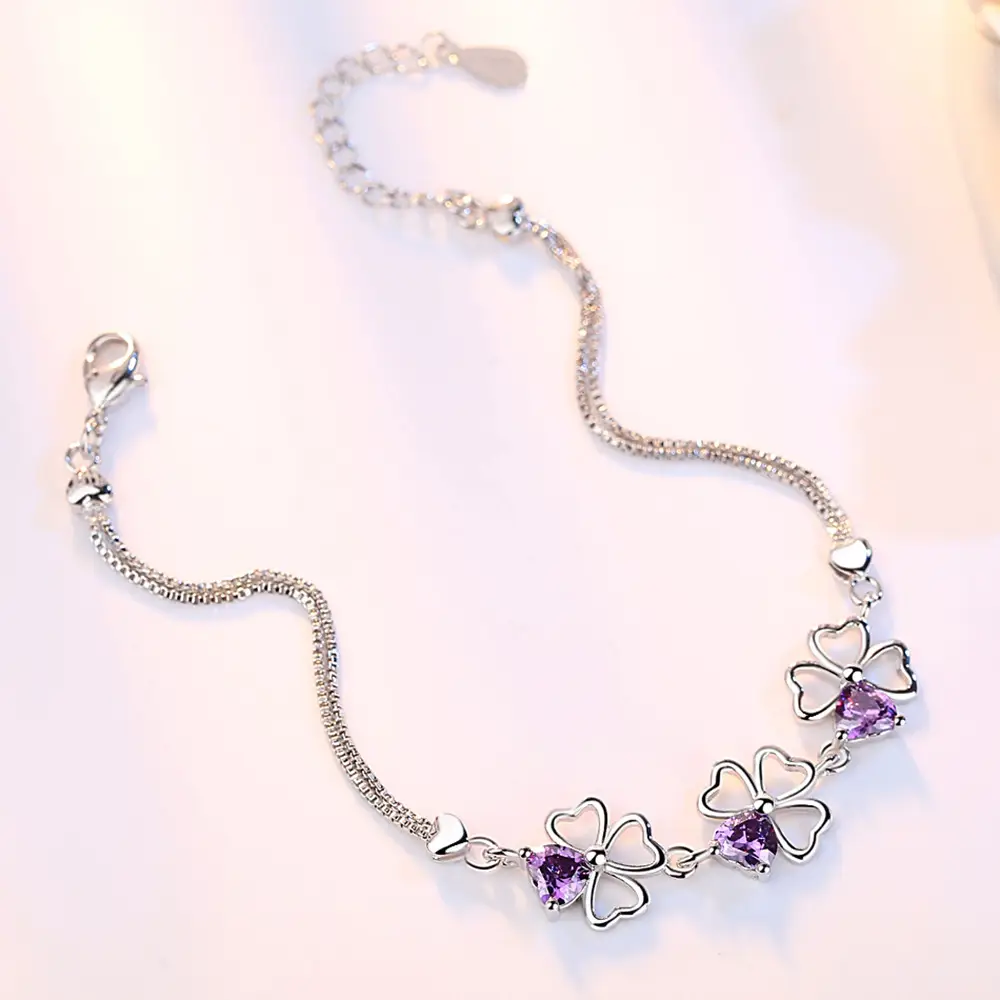 Silver Amethyst Clover Bracelet for Women - Image 4