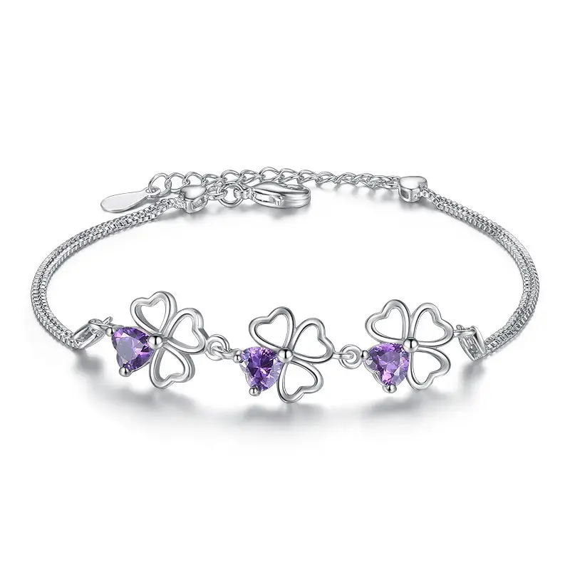 Silver Amethyst Clover Bracelet for Women - Image 5